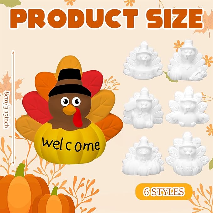 Eersida 6 Sets Gnome Ceramics to Paint Pumpkin Ready to Paint Your Own Ceramic Gnome Statues DIY Unpainted Ceramics Paintable Figurines Kit Crafts with Brush Palette(Thanksgiving Turkey)