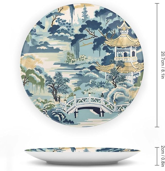 Blue And White Chinoiserie Pagoda Ming Toile Asian Decorative Plate, Custom Hand-Painted Ceramic Decorative Plates for Display Club Decor, with Vertical Stand Art Decor for Festival Home