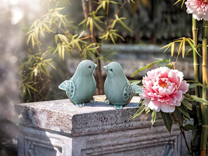 Small Animal Statues, Ceramic Bird Duck Statues, Home Office Decor, Small Decor for Cabinet Shelves Entryway Bookcase TV Stand, Micro Landscape Accessories (Green)