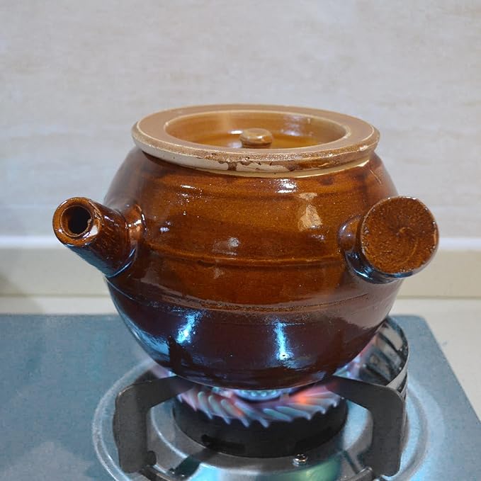 Casserole Clay Pot 60oz Heat-resistant Handmade Earthen Cooking Serving with Lid Soup Spout (1800ml brown)