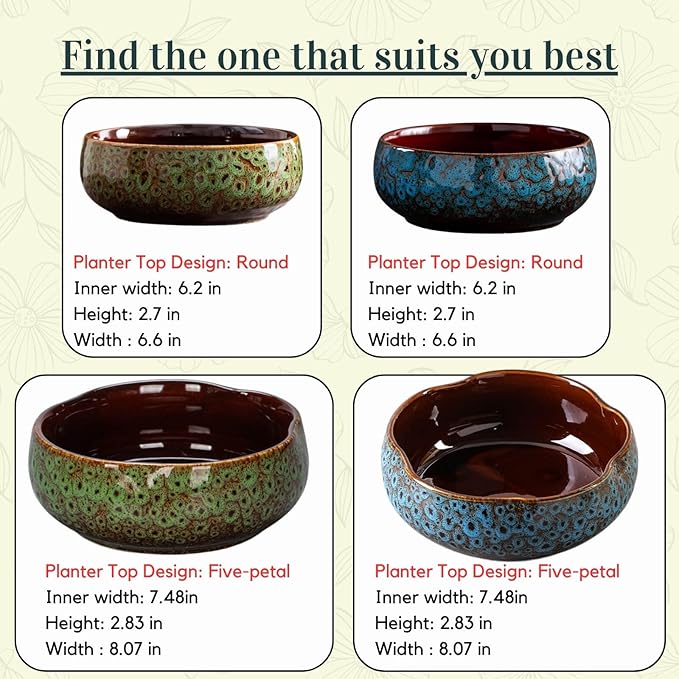 Ceramic Lotus Bowl Planter, Lotus Pots for Water Plants Indoor, Large Caliber Flow Glaze Non-Porous Hydroponic Container, Succulent Pots, Leak-Proof Design (Green Peacock Pattern) 6.6in*2.7in