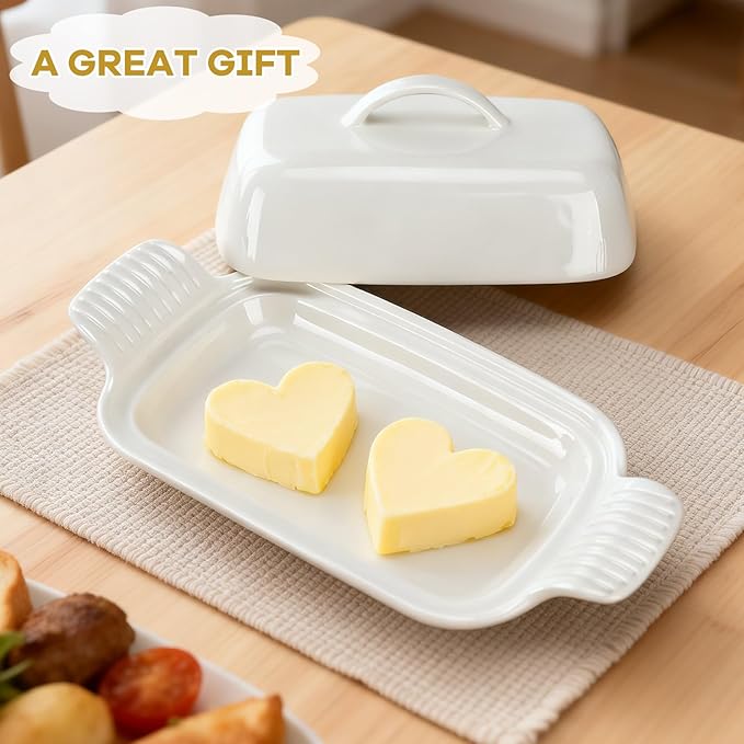 Qinyoung Ceramic Butter Dish with Lid for Countertop Extra Large Elegant Butter Dish Tray with Handle Durable Heavyweight Glazed Ceramic Kitchen Container Keeper Non-slip Base Minimalist(White)