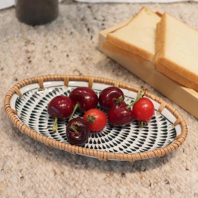 Rattan Ceramic Tray, Oval Fruit/Bread/Cookie/Jewelry Small Storage Porcelain Serving Plate, Vintage Decorative Display Plate for Coffee Table Home Decor Wedding Party Gift (Black Water Drop)