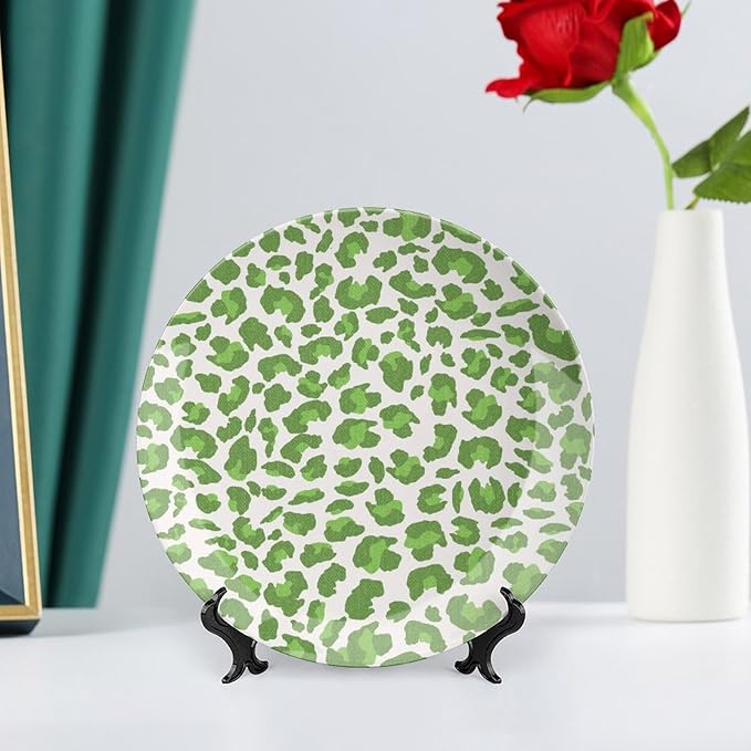Fashion Plates Leopard Animal Print Green And Gray Custom Decor for Kitchen Wedding Festival Club Ceramic Hanging Decorative Plate with Display Stand And Hook Up, Multi Sizes, Gifts for Men Women