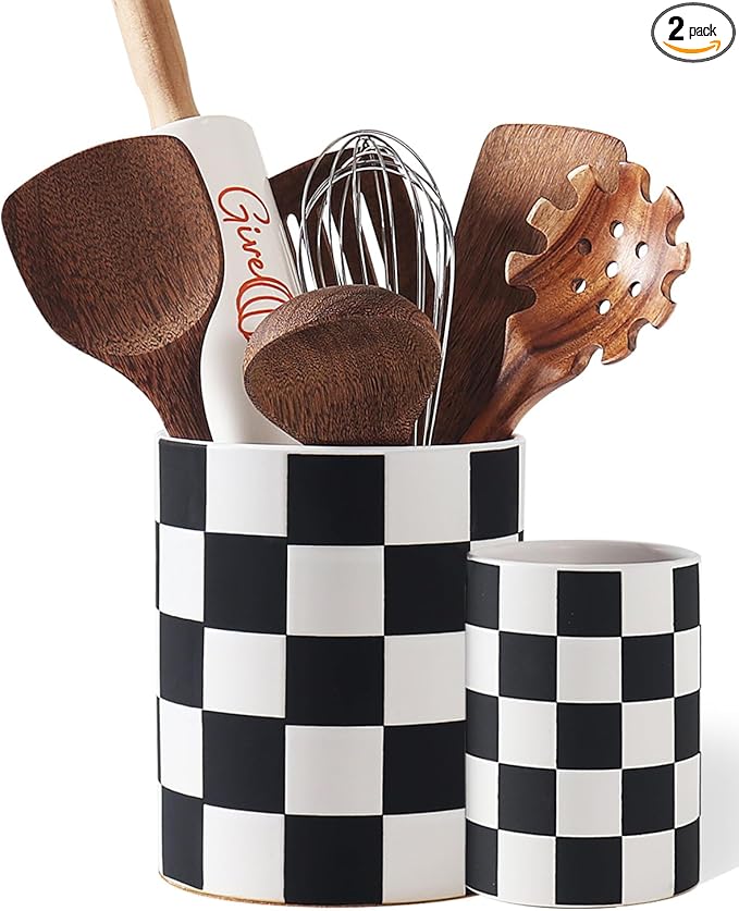 Checkered Utensil Holder, 7.1"+5.8" Inch Ceramic Spatula Holder, Black Cooking Kitchen Utensil Holder for Countertop, Kitchen Decor and Accessories for Counte