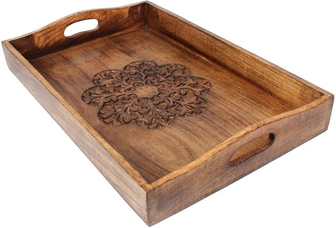 Ajuny Set of 3 Handmade Floral Design Wooden Tray with Handles (15.7x11, 13.7x9.9, 11.4x8 Inch) Inches Hand Carved Serving Platter for Snacks Coffee & Tea Decorative Tray for Home & Kitchen Gift