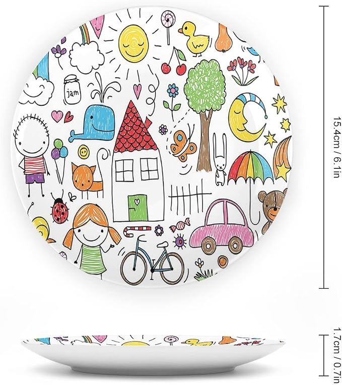 XISUNYA 8 Inch Decorative Plate, Doodle Ceramic Plate, Simple Childlike Drawing of House Girl and Boy Teddy Bear Print Ornament Display Plate Decor Accessory for Dining, Parties, Wedding
