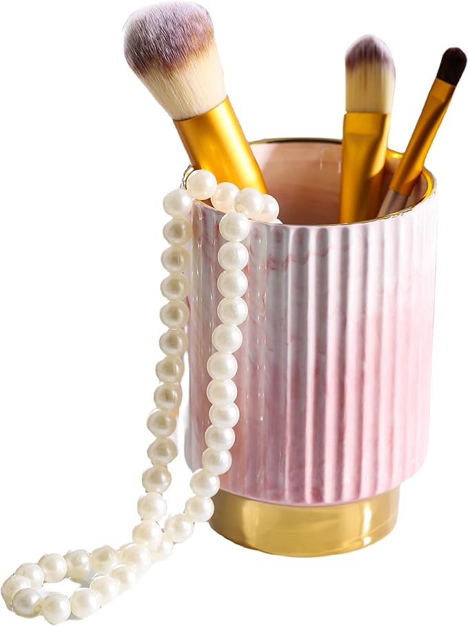 IEEK Pink and Gold Makeup Brush Holder Organizer,Glass Cosmetics Brushes Cup Eyebrow Pencil Pen Container,European Style Striped Brushes Storage,Ceramics Decor for Bathroom Dresser Vanity Desktop