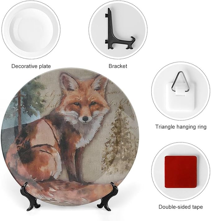 Vintage Plates French Fox Custom Decor for Household Housewarming Gifts Table Art Decoration Hanging Decorative Tiles Including Bracket And Special Hook, Multi Sizes by Choosing, Gifts for Men Women