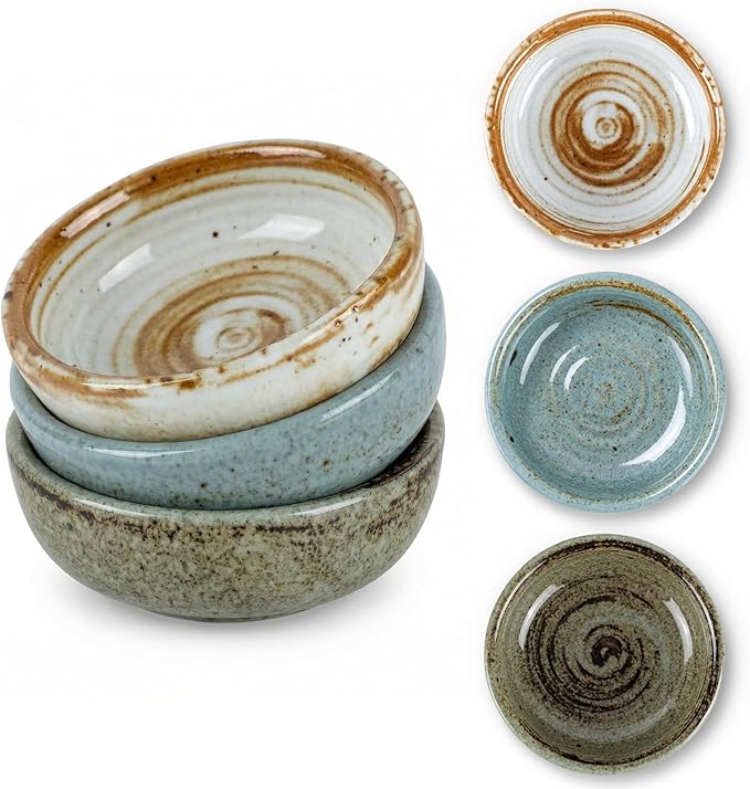 clothmile 3 Pieces Vintage Sauce Dishes 3 Inch Handmade Kiln Glazed Sauce Dishe Asian Chinese Ceramic Side Bowl for Sushi Sauce Snack Pinch Home Kitchen Decor Housewarming Gift