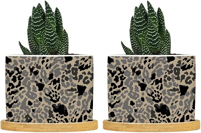 Leopard Black and Light Brown Dot Ceramic Planters African Tribal Animal Print Planters for Indoor Plants with Drainage Holes and Saucers Pot for Outdoor Garden Home Plant
