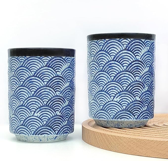 Japanese Ceramic Cup 10 oz No Handle Coffee Mug Teacups Set of 2 for All Kinds of Coffee and Drinks (Blue)