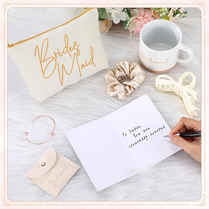42 Pcs 6 Sets Wedding Favors Bridesmaid Proposal Gifts Maid of Honor Ceramic Coffee Cups Cosmetic Makeup Bags Invited Cards Scrunchies Knotted Bracelets Jewelry Bags Hair Claw Clips(Champagne)