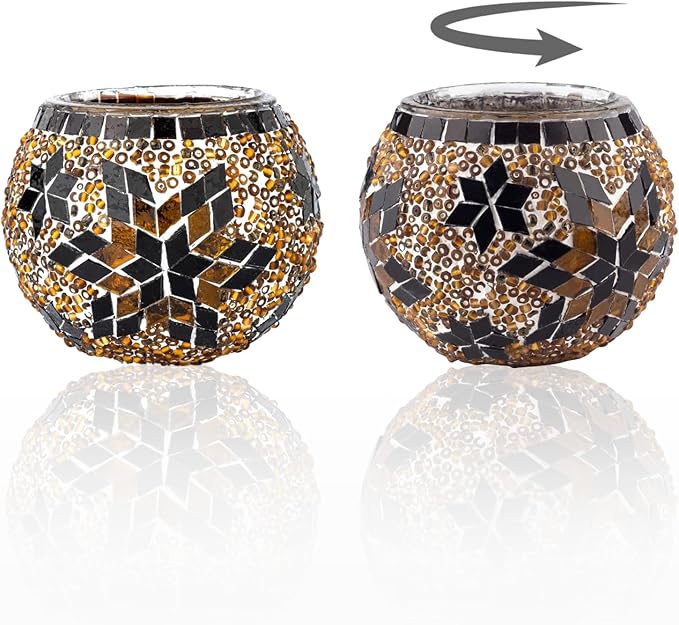 KAFTHAN Mosaic Glass Large Single Candle Holder - Round Bowl, Plant Pot, Votive Candle Holder - Decorative Vase & Unique Table Centerpiece for Wedding, Ball & Home - (3.7" x 3.5", Ecru Star)