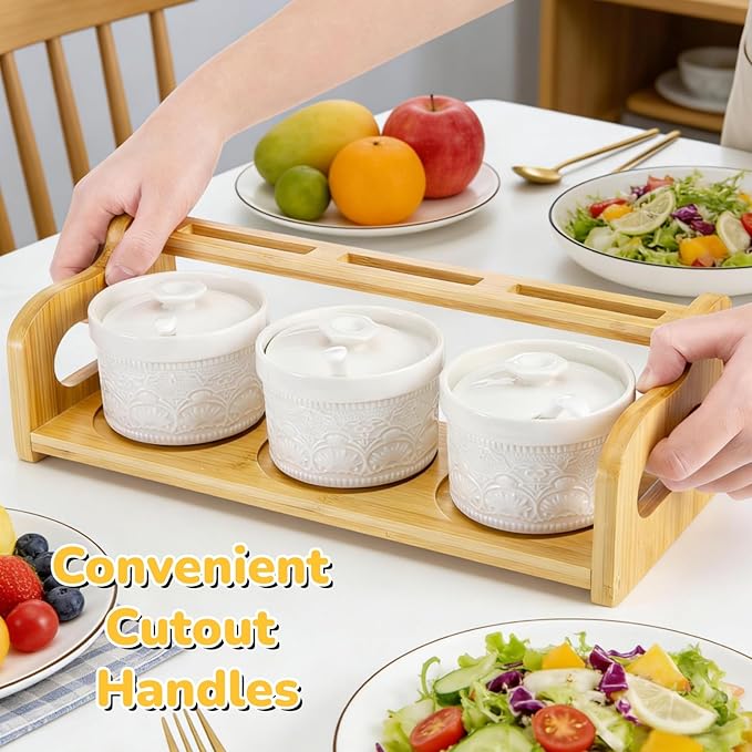 10 Pack Sauce Serving Dish, 5 Oz Ceramic Chip Dip Sauce Bowls with Spoons Lids for Party, 3 Condiment Seasoning Jars with Bamboo Tray for Snacks, Appetizers, Sauces