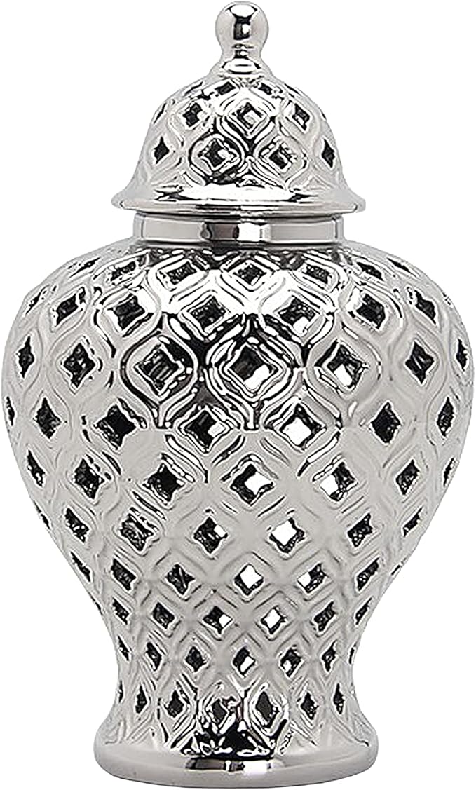 Noori Home - 100% Modern Glam Artisan Ceramic AVA Small Silver Ginger Jar Urns with Lid 8x8x13
