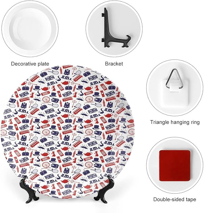 XISUNYA 10 Inch Decorative Plate, London Round Porcelain, United Kingdom Country Themed Symbols Print Ceramic Wall Hanging Decor Accessory for Dining Table Tabletop Home Decor, Royal Blue Red Whilte