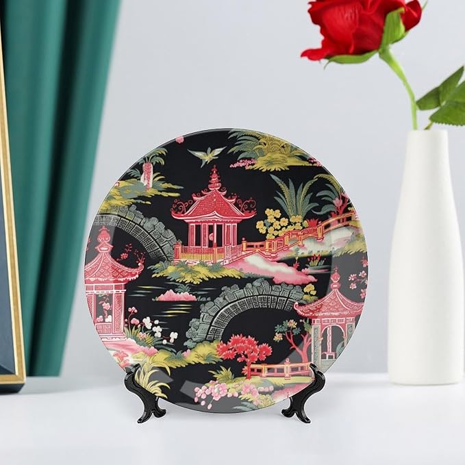 Chinoiserie Charcoal Coral Pagoda Asian Ceramic Decorative Plate, Personalized Ancient China Chinoiserie Pagoda Ceramic Display Plate, Festival Household Decorations Office, Unique Art with Stand