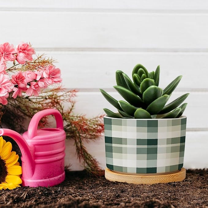 Sage Green Buffalo Plaid Planters Ceramic Green Buffalo Check Round Flower Pots with Drainage Holes and Bamboo Tray Pot for Home Desktop Office Windowsill