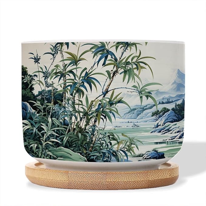 Blue Green and White Asian Scenery Small Ceramics Plant Pot Set of 2 Green Bamboo and Flower Ceramics Pots for Plants with Drainage and Bamboo Tray Oriental Chinoiserie Houseplant Pot