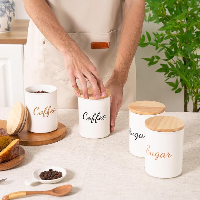 Ceramic Sugar Container With Lid, 19 Oz Small Jar, Food Storage Canister, White With Black Text