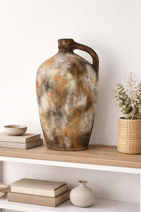 Zorvia Handcrafted 11-Inch Terracotta Jug Vase with Handle – Naturally Pigmented Rustic Earthen Clay Decorative Pot, Artisan Pottery Accent for Farmhouse, Living Room, Bedroom, Shelf & Table Décor