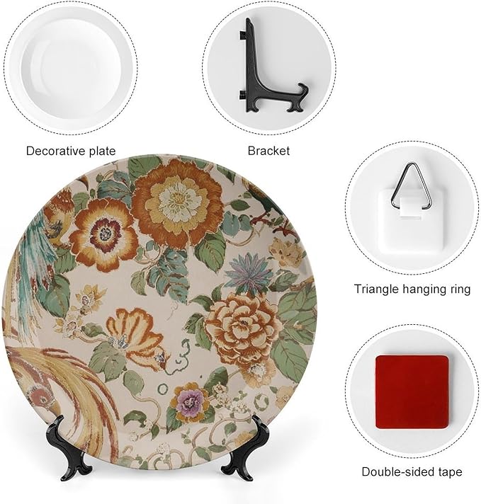 Peony Garden Orange & Green Thibaut Floral Vintage Plates Decor for Club Table Household Personalized Birthday Idea Gifts Ceramic Dinner Plate with 1 Display Stand, Multi Sizes by Choosing