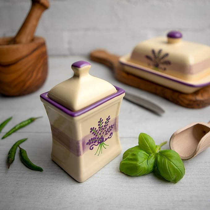 City to Cottage Handmade Small 5.3oz/150ml Ceramic Kitchen Herb, Spice, Storage Jar with Lid, Pottery Canister, Housewarming Gift (Cream Lavender Floral)