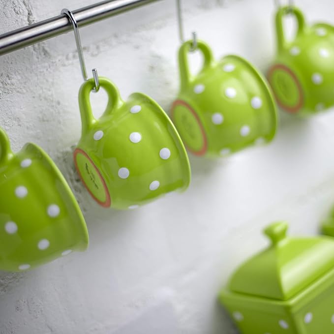 City to Cottage Handmade Lime Green and White Polka Dot Ceramic 8.4oz/250ml | Cappuccino, Coffee, Tea Cup and Saucer, Unique Designer Pottery Gift for Tea Lovers
