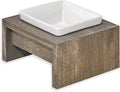 Bowsers Artisan Diner Single Dog Feeder - Handcrafted Rubberwood Frame with Square Ceramic Bowl Feeder for Dogs - Fossil, Small, 7” x 7” x 4”
