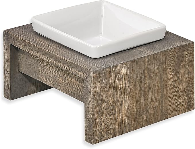 Bowsers Artisan Diner Single Dog Feeder - Handcrafted Rubberwood Frame with Square Ceramic Bowl Feeder for Dogs - Fossil, Small, 7” x 7” x 4”