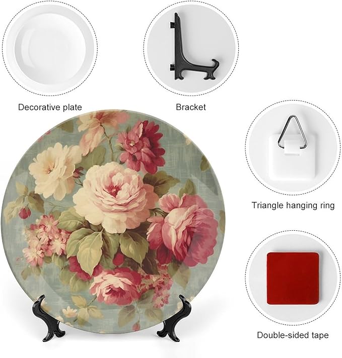 Pink Cabbage Roses Romantic Aqua Ceramic Decorative Plate, Custom Ceramic Dinner Plates for Kitchen Table Housewarming Gifts Decor, Unique Art with Stand Art Decorations for Club Household