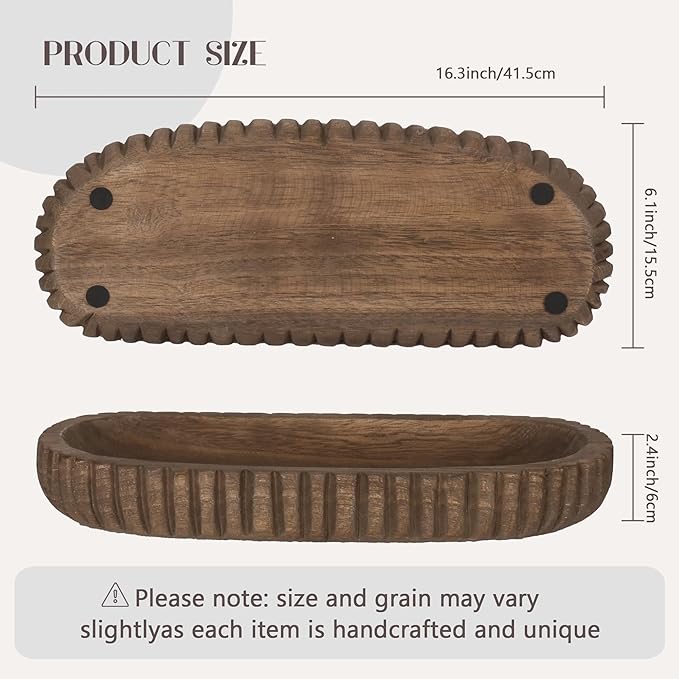 Oakrain Wooden Decorative Bowl for Home Decor, 16" Rustic Dough Bowl with Hand Carved Vertical Stripes, Long Wood Tray for Table Centerpieces, Brown