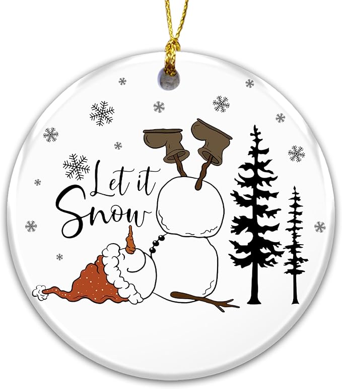 Funny Snowman Ornament 2025, Let It Snow Ornament – Gift for Family and Friends – Cute Fallen Snowman with Santa Hat and Boots – Humorous Holiday Decoration, Winter Tree Ceramic Gift