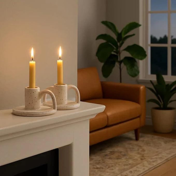 Ceramic Taper Candle Holders with Handle (Set of 2) – Tall Candlestick Holders for Table Decor Centerpieces, Rustic Home Décor, and Dinner Table Styling Glazed White