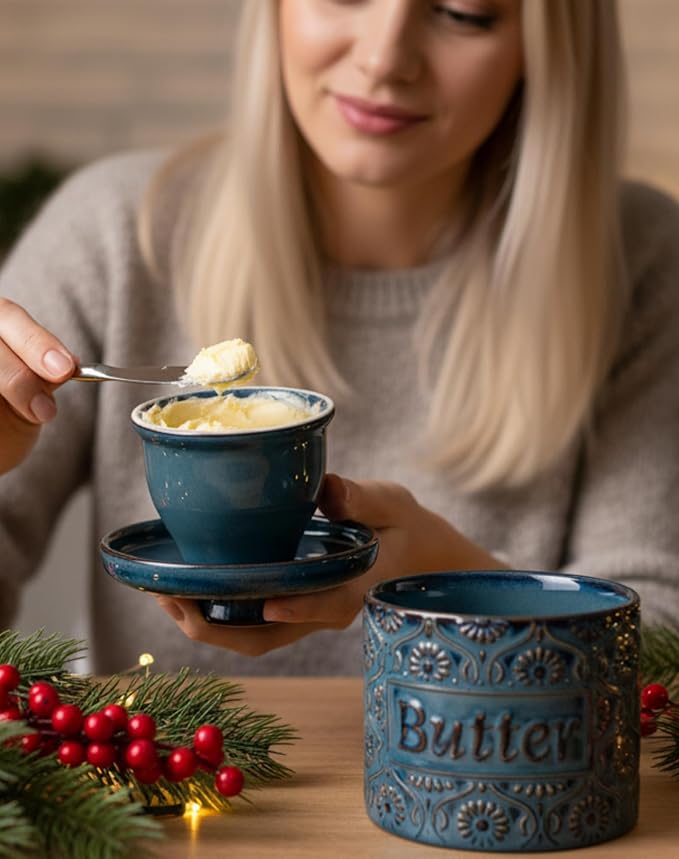 TEATALK Ceramic French Butter Crock - Vintage Relief Pattern Butter Keeper with Water Seal, 6.7oz Midnight Blue Butter Dish for Fresh Spreadable Butter, Farmhouse Kitchen Decor & Gift