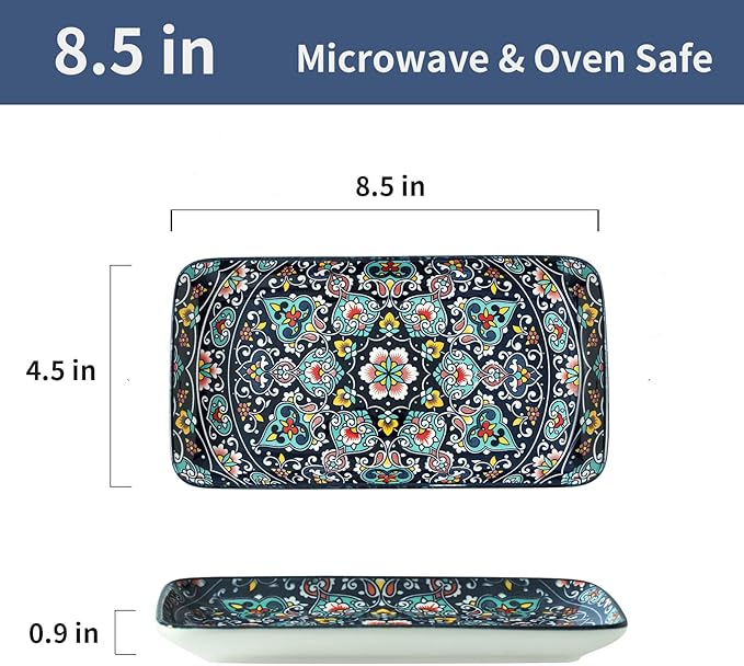 glowworm Porcelain Appetizer Plates Set of 6, 8.5 Inch Salad Plates for Sushi, Dessert, Rectangular Serving Platters, Serving Tray for Party, Kitchen, Microwave & Oven Safe, Bohemian