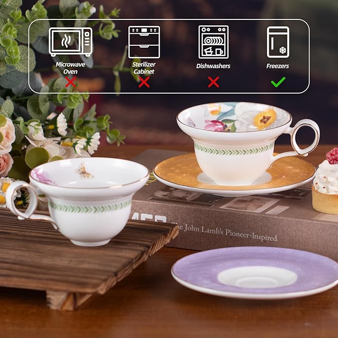 KAMMAK Ceramic Coffee Cups Saucers Set of 2, Porcelain Espresso Cups with Saucers, 5.92 oz Handmade Elegant Bone China Tea Cup, Ceramic Floral Pattern Demitasse for Latte, Americano, Cappuccino