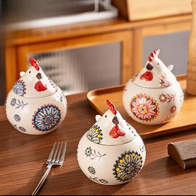 13.5 Oz Salt Cellar With Lid and Spoon (Red)- Ceramic Chicken Spice Jars for Salt, Sugar, Pepper - Spice Containers for Countertop