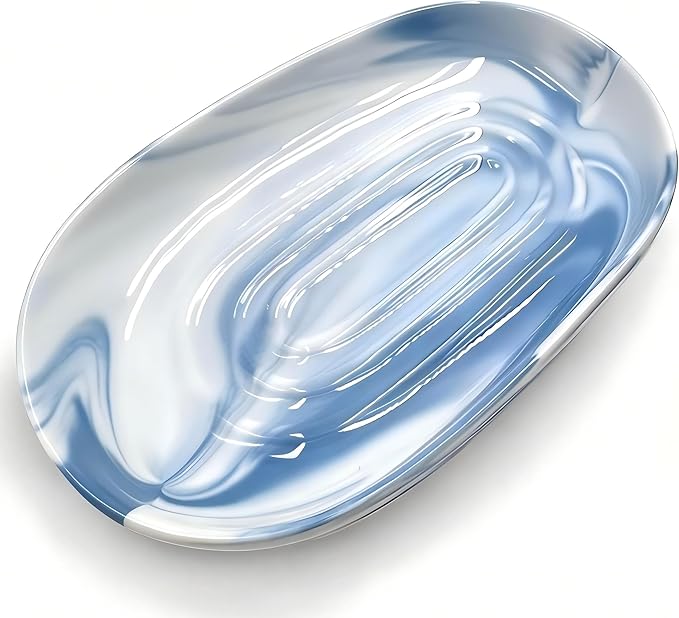 Soap Dish, Ceramic Soap Dish with Marble PatternShower, Soap Saver Tray for Bathroom, Kitchen Sink & Vanity, Multi-Use Holder for Jewelry, Rings, Keys (1 Pack, Blue-White)