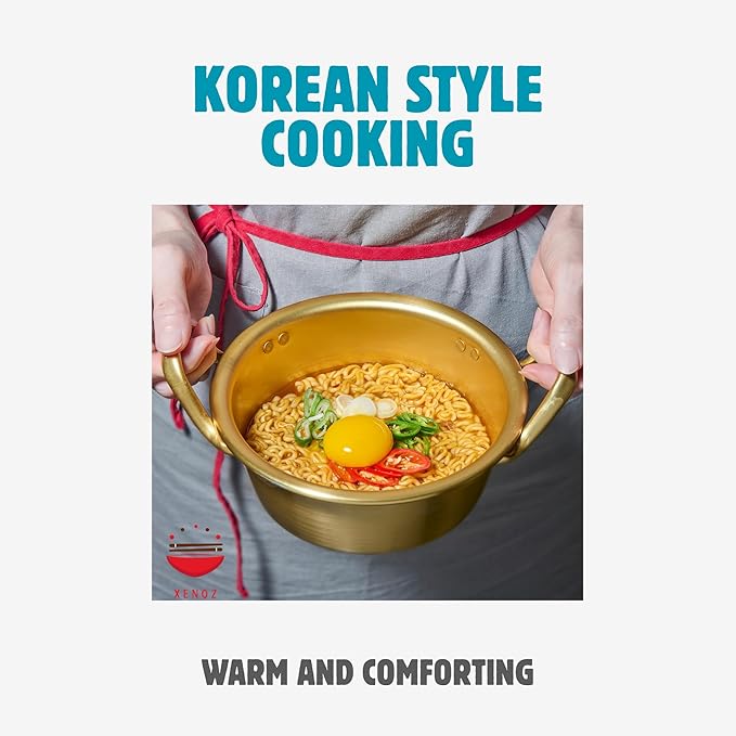 xenoz Korean Ramen Pot Set 2 Person Aluminum Cooking Pot with 2 Bowls Chopsticks Spoon Lightweight Korean Cookware for Noodles Soup Dorm Cooking Made in Korea