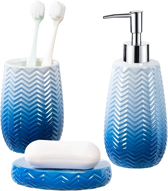 Blue Bathroom Accessories Set, 3Pcs Ceramic Bathroom Accessory Set Complete/Lotion Soap Dispenser, Toothbrush Holder, Soap Dish, Silver Bathroom Decor Sets, Gift for Home Apartment