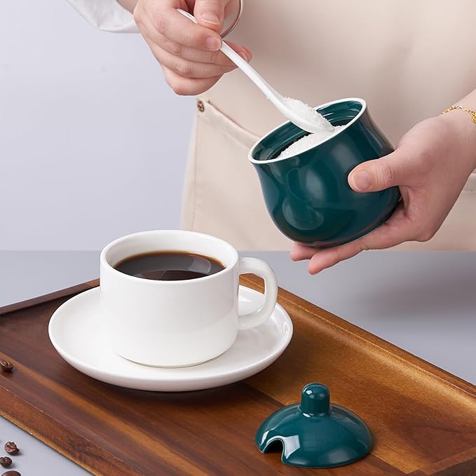 Ceramic Sugar Bowl with Lid and Spoon, Green Porcelain Sugar Salt Pepper Storage Jar, 7 Ounces