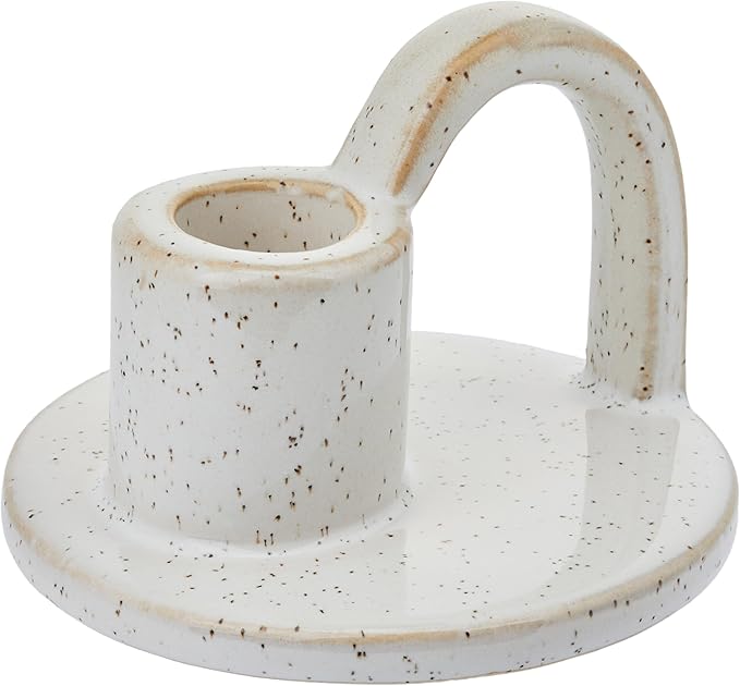 Ceramic Taper Candle Holders with Handle (Set of 2) – Tall Candlestick Holders for Table Decor Centerpieces, Rustic Home Décor, and Dinner Table Styling Glazed White