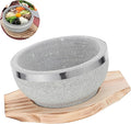 Stone Bowl with Wood Base 14cm Korean Stone Pot for Bibimbap Soup Rice Serving Traditional Asian Soup Bowl for Home Kitchen