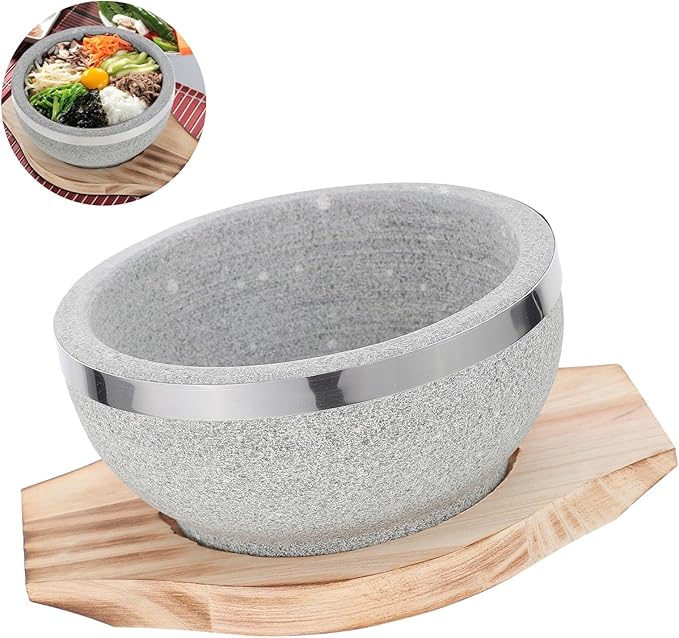 Stone Bowl with Wood Base 14cm Korean Stone Pot for Bibimbap Soup Rice Serving Traditional Asian Soup Bowl for Home Kitchen