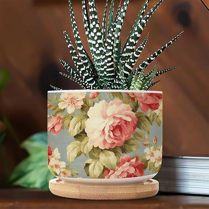 Pink Cabbage Roses Romantic Small Ceramics Planters Set of 3 Cottage Chic Antique Pink Flower Ceramics Pots for Plants Traditional Chinese Chinoiserie Cactus Planter for Indoor