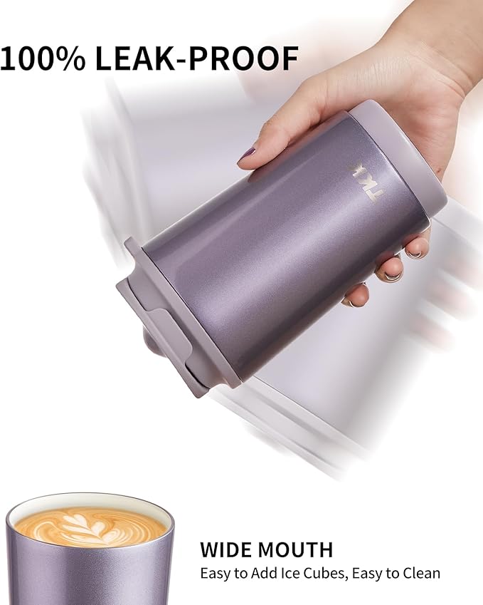 TKK Coffee Cup with Ceramic Coating - 14oz Insulated Stainless Steel Travel Mug, Leak-Proof Tumblers with Straw for Hot/Cold Beverages, Easy Wide Mouth Cleaning, Purple