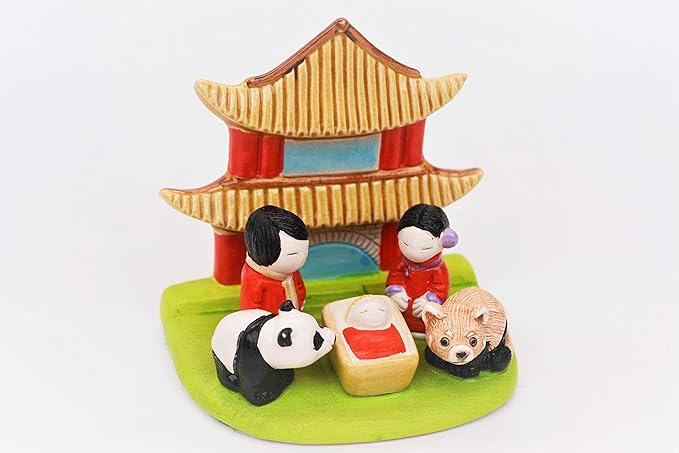 Chinese "A" Nativity Scene - Handmade in Clay - 1 block - 3.8"X2.2"X2.9" high, China, Pagoda, Panda Bear