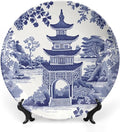 Chinoiserie Blue Asian Pagoda Decorative Plate of 6", 7", 9", 10", Custom Hanging Decorative Tiles, Club Table Decorations Office, with Vertical Stand